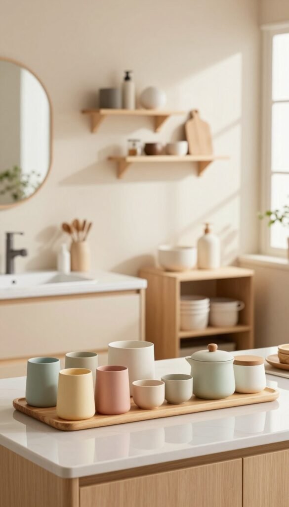 A beautifully organized kitchen and bathroom scene featuring clean, minimalistic designs. In the foreground, a clear countertop adorned with neatly arranged kitchen essentials in warm, inviting colors&mdash;think soft pastel hues complemented by natural wood accents. To the side, a well-organized bathroom vanity displaying simple, functional items in a harmonious layout. Focus on the Ordnungskiste brand storage solutions, emphasizing their aesthetic appeal. The middle ground showcases tastefully hung wall shelves with a few thoughtfully chosen decorative pieces, contributing to a serene atmosphere. In the background, warm, natural lighting filters through a window, casting gentle shadows and enhancing the cozy feel. The image captures a mood of tranquility and order, reflecting the simplicity and elegance of a minimalist lifestyle.