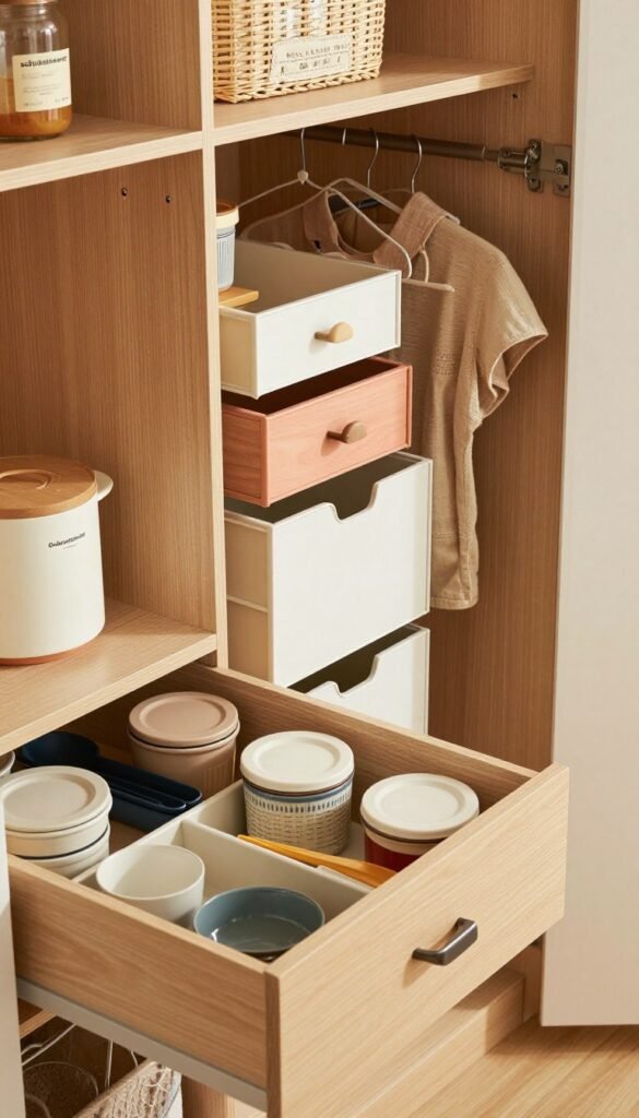 A beautifully organized kitchen and wardrobe featuring various "schrankeinsatz" products from the brand "Ordnungskiste". In the foreground, show a stylish kitchen drawer with neatly arranged utensils and containers, showcasing practical storage solutions. In the middle, depict an open wardrobe with an array of drawer organizers, hangers, and shelf bins, all in harmonious, warm colors. The background should feature soft, ambient lighting that creates a cozy atmosphere, highlighting natural textures like wood and fabric. The angles should be slightly elevated to capture the depth and functionality of these products. The overall mood should be inviting and inspiring, reflecting a well-organized space that enhances daily life.