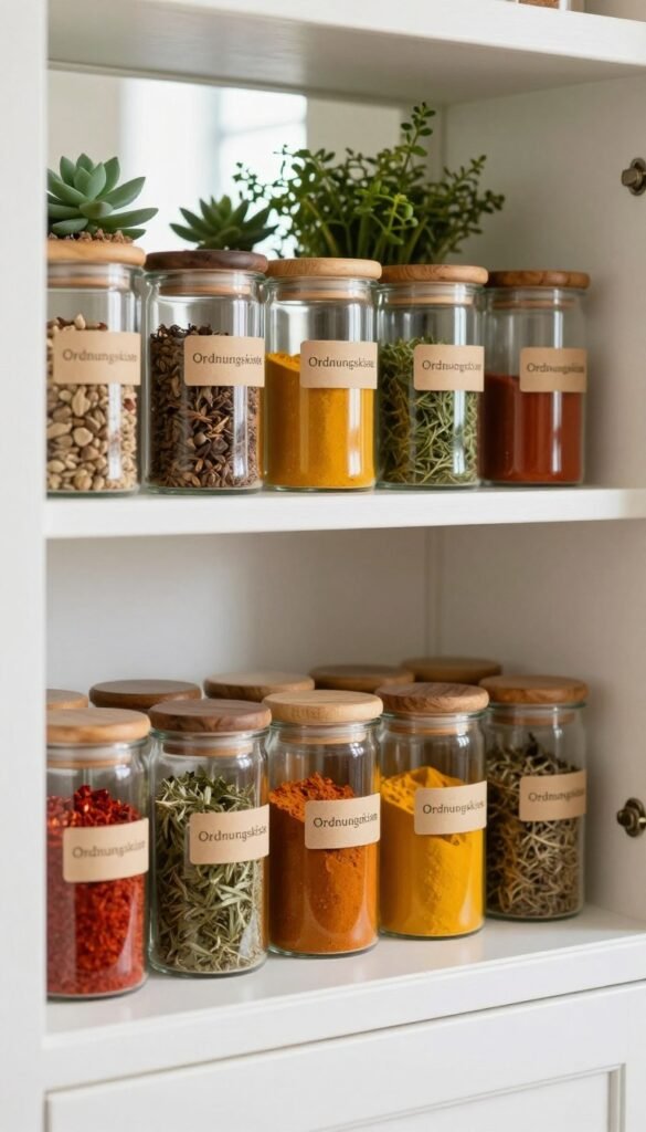 A beautifully organized kitchen cabinet featuring a selection of spice containers branded "Ordnungskiste". In the foreground, clearly visible, are various sizes of glass jars with wooden lids, filled with colorful spices like paprika, turmeric, and herbs, exuding a rustic charm. The middle layer showcases a well-arranged shelf supporting the jars, with subtle labels visible for easy identification. In the background, soft natural light filters through a window, creating a warm and inviting atmosphere filled with plant elements like fresh herbs or small potted succulents. The overall mood is serene and functional, emphasizing practical design with a cozy Pinterest aesthetics. The composition should feel harmonious and visually appealing, without any text or distractions.