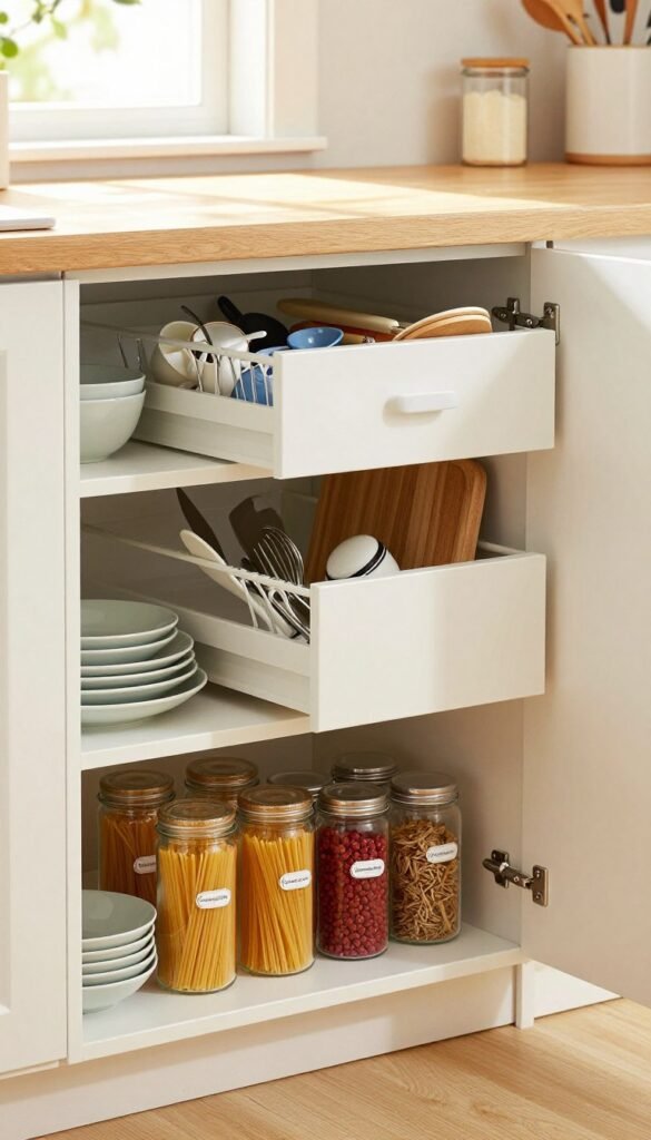 A beautifully organized kitchen cabinet featuring the "Ordnungskiste" storage system, showcasing clever storage solutions and accessibly arranged kitchenware. In the foreground, open shelves display neatly stacked dishes, glass jars filled with pasta, and vibrant spices in labeled containers, all artfully arranged for easy access. The middle space emphasizes sliding drawers filled with utensils, cutting boards, and kitchen gadgets, demonstrating efficient use of space. The background contains a softly illuminated kitchen environment with warm, natural colors, highlighted by sunlight streaming through a window. The overall atmosphere is inviting and harmonious, evoking a sense of order and tranquility, perfect for illustrating practical organization in a modern kitchen setting.