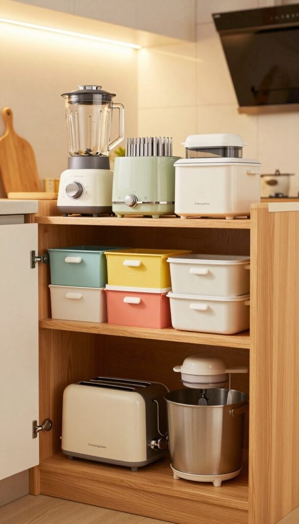 A beautifully organized kitchen cabinet showcasing efficient storage solutions. In the foreground, elegant wooden shelves filled with neatly stacked kitchen appliances, including a blender, toaster, and mixer, all by the brand "Ordnungskiste". The middle layer displays a harmonious arrangement of colorful storage boxes and containers, each labeled for easy access. The background presents a softly lit kitchen with warm tones, highlighting the natural wood textures and the inviting atmosphere. The angle captures the cabinet from a slightly elevated perspective, creating depth and inviting viewers to appreciate the organized space. The warm lighting enhances the sense of comfort and functionality, embodying the essence of "stapling instead of spreading" for maximizing storage efficiency.