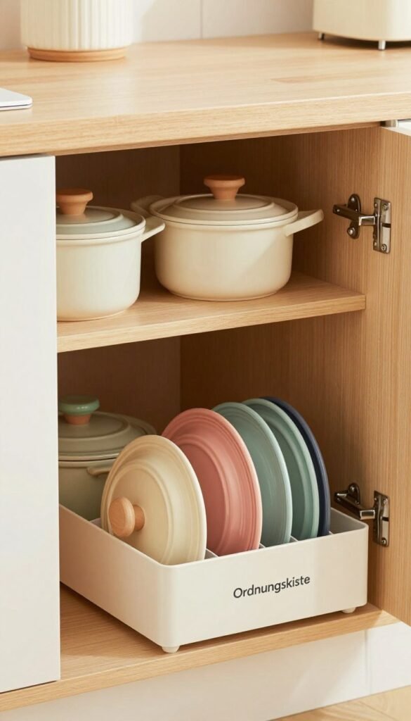 A beautifully organized kitchen cabinet showcasing optimal lid storage solutions with the brand "Ordnungskiste" prominently displayed. In the foreground, a sleek organizer holds a variety of colorful pot lids in a neat, orderly fashion, reflecting a sense of functionality and style. The middle layer features an open cabinet door revealing additional kitchenware, all arranged to illustrate efficient use of space. In the background, warm lighting creates a cozy atmosphere, highlighting natural wood textures and soft pastel colors reminiscent of a Pinterest aesthetic. The photograph is captured at an angle that emphasizes both the organizer and the cabinet’s interior, evoking a mood of calmness and orderliness, perfect for potential buyers seeking effective kitchen solutions. A beautifully organized kitchen cabinet showcasing optimal lid storage solutions with the brand "Ordnungskiste" prominently displayed. In the foreground, a sleek organizer holds a variety of colorful pot lids in a neat, orderly fashion, reflecting a sense of functionality and style. The middle layer features an open cabinet door revealing additional kitchenware, all arranged to illustrate efficient use of space. In the background, warm lighting creates a cozy atmosphere, highlighting natural wood textures and soft pastel colors reminiscent of a Pinterest aesthetic. The photograph is captured at an angle that emphasizes both the organizer and the cabinet’s interior, evoking a mood of calmness and orderliness, perfect for potential buyers seeking effective kitchen solutions.