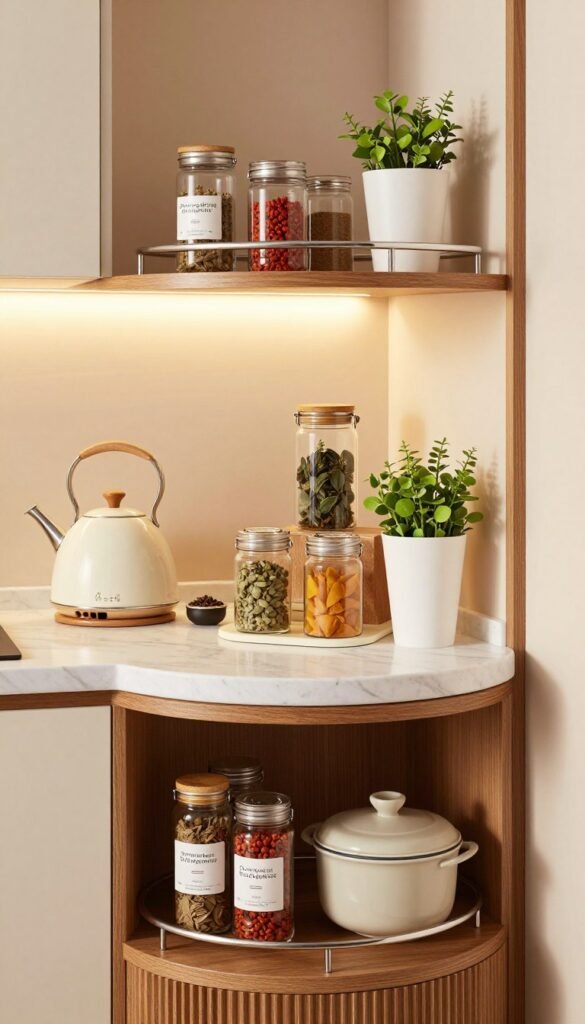 A beautifully organized kitchen corner featuring a modern rondell cabinet, showcasing neatly arranged kitchen essentials like spices, herbs, and cooking tools. The foreground highlights the circular shelves of the cabinet, crafted from warm wood with a sleek finish. In the middle, a well-lit kitchen space with soft, ambient lighting creates a cozy atmosphere, while elegant utensils and a stylish kettle are subtly placed on a countertop made of light marble. The background shows soft pastel-colored walls adorned with simple decor, promoting a Pinterest-worthy aesthetic. Ensure the scene is free from text and captures a feeling of warmth and functionality, emphasizing the brand "Ordnungskiste" through the styling of the organized space, inviting viewers to imagine the ease of accessing kitchen items with a simple turn.