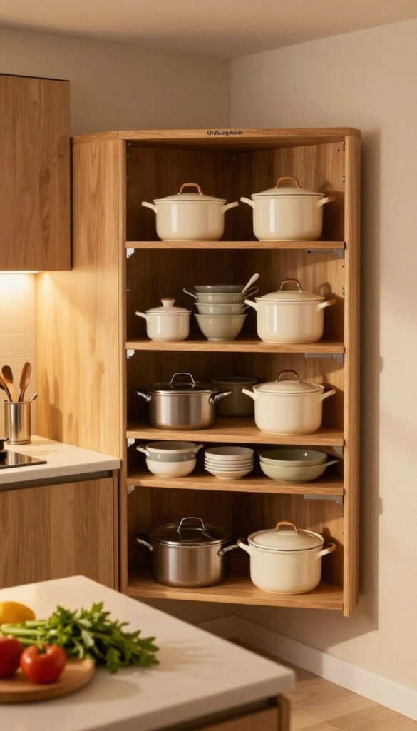 A beautifully organized kitchen corner with an efficient Eckschrank (corner cabinet) featuring deep shelves, showcasing a modern and stylish design. The cabinet, branded "Ordnungskiste," is filled with neatly arranged pots, pans, and kitchenware, emphasizing accessibility and functionality. Warm, ambient lighting creates a cozy atmosphere, complementing the natural wood tones of the cabinetry. In the foreground, a well-lit countertop displays a few culinary tools and vibrant herbs, while the background shows a softly blurred kitchen environment with warm colors. A camera angle from slightly above highlights the depth and organization of the Eckschrank, capturing an inviting and orderly feel to inspire viewers seeking practical kitchen solutions.