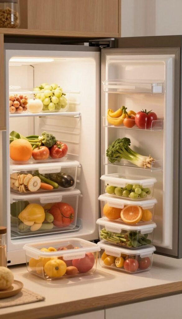 A beautifully organized kitchen countertop showcasing a variety of "Ordnungskiste" storage boxes, designed for efficient food storage. In the foreground, focus on several transparent boxes filled with vibrant fresh produce like fruits and vegetables, neatly arranged for easy access. The middle ground features a sleek refrigerator with its door ajar, revealing additional neatly organized storage solutions. In the background, soft, warm lighting illuminates a cozy kitchen environment, creating a welcoming atmosphere. The overall ambiance is warm and inviting, with natural colors that evoke a Pinterest-inspired aesthetic, emphasizing functionality and style. No text or logos present, just an authentic portrayal of effective food storage solutions.