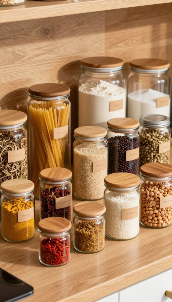 A beautifully organized kitchen countertop showcasing a variety of glass jars in different sizes, arranged harmoniously for an appealing aesthetic. In the foreground, a set of small jars filled with vibrant spices, each with a wooden lid. In the middle, medium-sized jars contain pasta, rice, and dried legumes, labeled with minimalistic tags. The background features larger jars filled with bulk items like flour and sugar, all displayed against a warm, natural wood kitchen backdrop. The scene is illuminated by soft, natural light, casting gentle shadows, enhancing the cozy atmosphere. The overall mood is inviting and inspiring, perfect for a kitchen that values organization and style. Capture this with a slight overhead angle to emphasize the variety and arrangement of sizes. A beautifully organized kitchen countertop showcasing a variety of glass jars in different sizes, arranged harmoniously for an appealing aesthetic. In the foreground, a set of small jars filled with vibrant spices, each with a wooden lid. In the middle, medium-sized jars contain pasta, rice, and dried legumes, labeled with minimalistic tags. The background features larger jars filled with bulk items like flour and sugar, all displayed against a warm, natural wood kitchen backdrop. The scene is illuminated by soft, natural light, casting gentle shadows, enhancing the cozy atmosphere. The overall mood is inviting and inspiring, perfect for a kitchen that values organization and style. Capture this with a slight overhead angle to emphasize the variety and arrangement of sizes.
