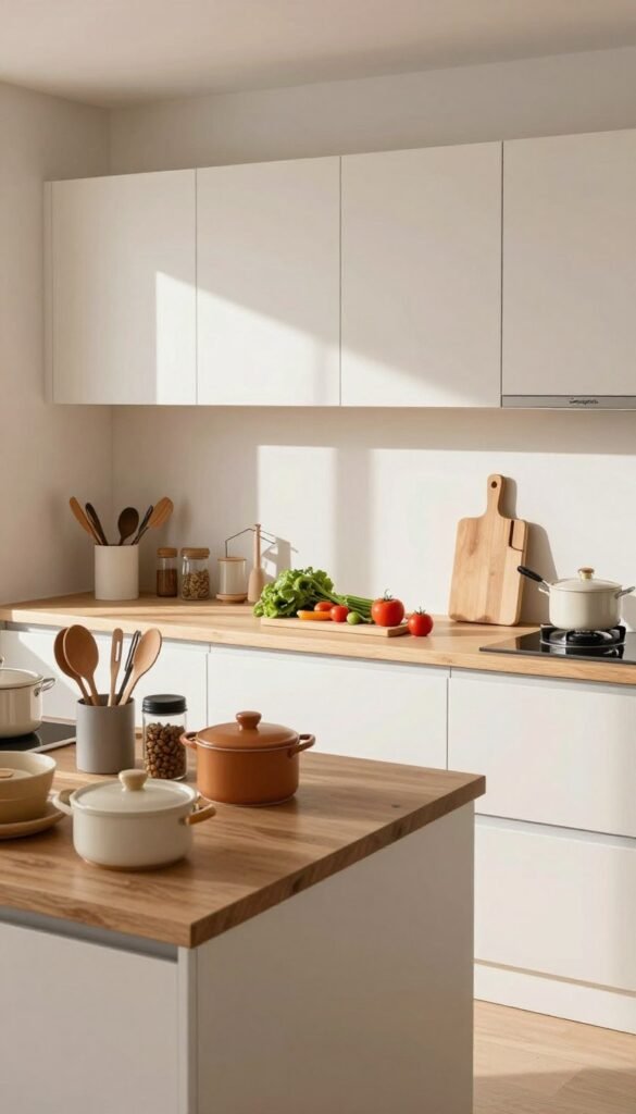 A beautifully organized kitchen designed with defined zones, featuring an array of sleek, modern cabinets labeled with "Ordnungskiste." In the foreground, a neatly arranged cooking zone includes utensils, pots, and spices in harmonious warm tones. The middle section showcases a prep area with fresh vegetables, cutting boards, and kitchen gadgets, all arranged in a visually pleasing manner. The background reveals a clean, minimalist aesthetic with natural light streaming in, casting soft shadows and highlighting the textures of wooden countertops. The overall atmosphere feels inviting and orderly, reflecting a Pinterest-inspired look that emphasizes functionality and warmth without any text or clutter. A beautifully organized kitchen designed with defined zones, featuring an array of sleek, modern cabinets labeled with "Ordnungskiste." In the foreground, a neatly arranged cooking zone includes utensils, pots, and spices in harmonious warm tones. The middle section showcases a prep area with fresh vegetables, cutting boards, and kitchen gadgets, all arranged in a visually pleasing manner. The background reveals a clean, minimalist aesthetic with natural light streaming in, casting soft shadows and highlighting the textures of wooden countertops. The overall atmosphere feels inviting and orderly, reflecting a Pinterest-inspired look that emphasizes functionality and warmth without any text or clutter.