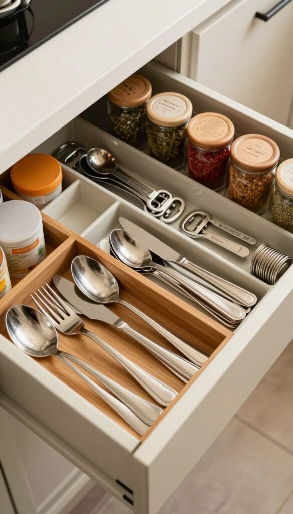 A beautifully organized kitchen drawer displaying a variety of well-arranged utensils, small items, and spice containers. In the foreground, a neatly separated section of shiny silver cutlery, including forks, knives, and spoons, with a warm wooden divider. In the middle, small compartments hold various kitchen gadgets like measuring spoons and bottle openers, while labeled spice jars in vibrant colors line the back towards the interior. The overall scene is illuminated by soft, natural light, creating a cozy atmosphere, reminiscent of a Pinterest-inspired kitchen design. The camera angle is slightly above, showcasing the orderliness and functionality of the drawer without any text or distracting elements.
