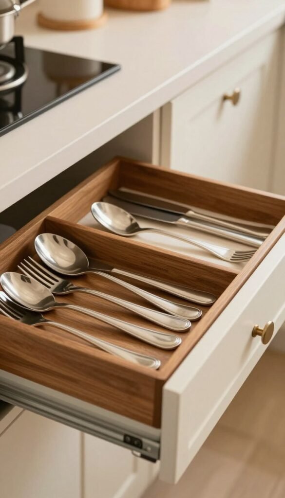 A beautifully organized kitchen drawer featuring a high-quality, wooden cutlery tray ("besteckkasten") filled with a variety of utensils including forks, knives, and spoons. The foreground showcases the detailed craftsmanship of the cutlery tray, highlighting its smooth finish and compartments. In the middle ground, the drawer pulls out slightly, revealing a well-arranged selection of silverware, with warm lighting creating a cozy atmosphere. The background features an elegant kitchen setting with soft colors and natural materials, emphasizing a minimalist aesthetic. The lighting is soft and ambient, lending a Pinterest-inspired warm glow to the overall composition. The mood is tidy and inviting, showcasing the perfect balance of order and style in a modern kitchen.