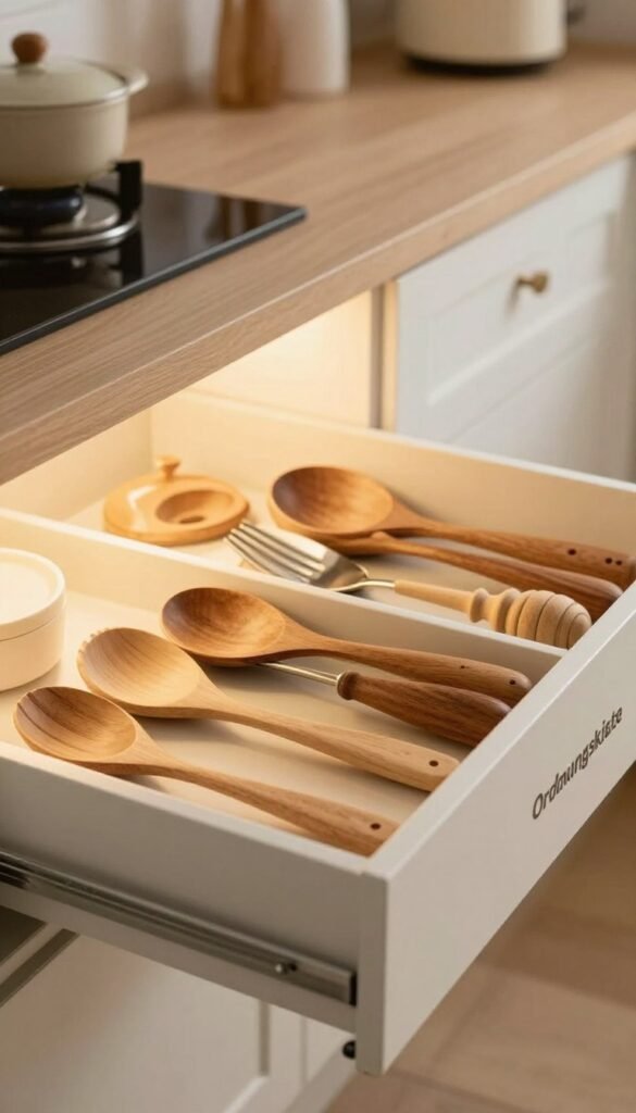 A beautifully organized kitchen drawer featuring high-quality "Ordnungskiste" inserts. In the foreground, the drawer is half-open, showcasing neatly arranged utensils, cooking tools, and cutlery in natural wood and warm colors, highlighting the aesthetic appeal of organization. In the middle ground, soft lighting casts a warm glow, emphasizing the textures of the items. In the background, a tidy kitchen environment is visible with cabinets and a counter, all exuding an inviting, cozy atmosphere. The scene captures a Pinterest-inspired aesthetic, encouraging viewers to embrace organization and functionality, all while maintaining an authentic feel without any text, overlays, or distractions.