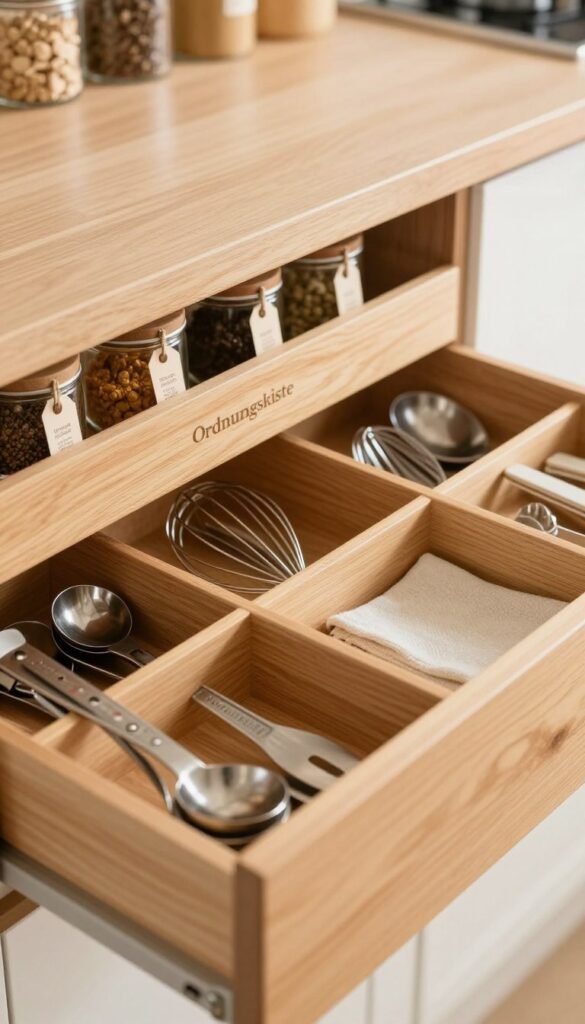 A beautifully organized kitchen drawer featuring wooden dividers and various compartments filled with utensils, spices, and kitchen tools. The foreground showcases individual sections neatly arranged with items like measuring spoons, whisks, and spice jars labeled with elegant tags. The middle layers highlight the smooth texture of the wooden organizer branded as "Ordnungskiste," emphasizing its functionality and style. The background is softly blurred, hinting at a cozy kitchen ambiance with warm, natural lighting that creates an inviting atmosphere. The color palette includes earthy tones, enhancing the aesthetic appeal of efficient storage solutions. The overall mood is tidy, creative, and inspiring, perfect for promoting practical ideas for small kitchen drawers. A beautifully organized kitchen drawer featuring wooden dividers and various compartments filled with utensils, spices, and kitchen tools. The foreground showcases individual sections neatly arranged with items like measuring spoons, whisks, and spice jars labeled with elegant tags. The middle layers highlight the smooth texture of the wooden organizer branded as "Ordnungskiste," emphasizing its functionality and style. The background is softly blurred, hinting at a cozy kitchen ambiance with warm, natural lighting that creates an inviting atmosphere. The color palette includes earthy tones, enhancing the aesthetic appeal of efficient storage solutions. The overall mood is tidy, creative, and inspiring, perfect for promoting practical ideas for small kitchen drawers.