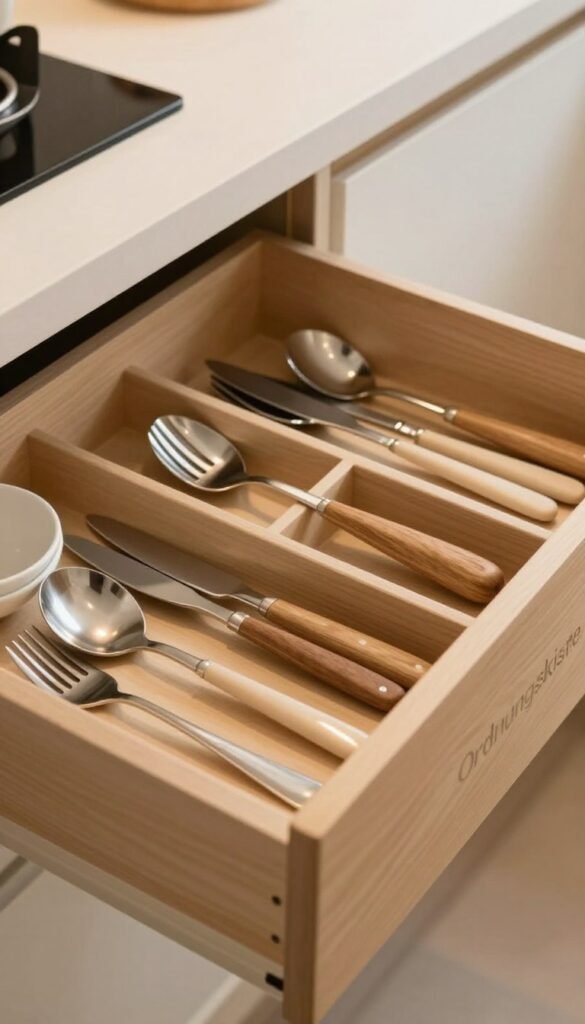 A beautifully organized kitchen drawer filled with high-quality cutlery and utensils, showcasing elegant compartments and separators for forks, knives, and spoons. The drawer's structure is from the brand "Ordnungskiste," featuring a modern, minimalist design with natural wood tones. In the foreground, the polished utensils gleam softly under warm, inviting lighting, giving a sense of order and cleanliness. The middle of the image highlights the thoughtful arrangement of the drawer, while the background remains softly blurred, suggesting a cozy kitchen ambiance. The overall mood is serene and efficient, ideal for inspiring a clutter-free kitchen workspace.