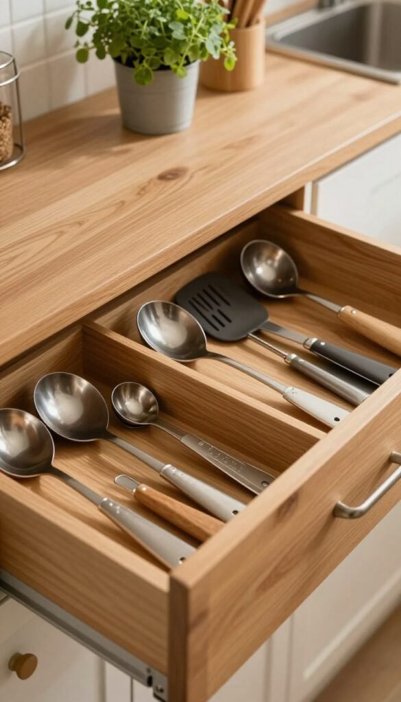 A beautifully organized kitchen drawer filled with various kitchen utensils and tools, showcasing a neat arrangement of cutlery, measuring spoons, and spatulas. The foreground features intricately designed dividers that separate each item, providing an inviting and orderly look. In the middle, the warm wood grain of the drawer contrasts with the shiny metallic utensils, while fresh herbs in small pots are visible in the background, adding a touch of greenery. Soft, ambient lighting illuminates the scene, casting gentle shadows that emphasize the depth and texture of the materials. The atmosphere is calm and serene, evoking a sense of tranquility and efficiency in kitchen organization. The overall aesthetic is natural with warm colors, embodying a Pinterest-inspired look that feels both authentic and appealing.