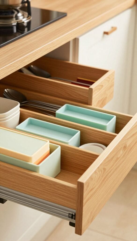 A beautifully organized kitchen drawer filled with various organizers, inserts, and pull-outs designed for optimal efficiency. In the foreground, showcase an array of modular storage boxes with warm, natural wood textures and pastel-colored silicone dividers, elegantly arranged to display their functionality. The middle ground features a sliding mechanism of a well-designed drawer, partially open to reveal clever storage solutions for utensils, spices, and cutlery. The background softly blurs out, showcasing a cozy kitchen environment with warm lighting that suggests an inviting atmosphere. The overall mood is authentic and homely, capturing the essence of modern kitchen organization without any text or distractions. The composition highlights the practicality and aesthetic appeal of drawer organizers. A beautifully organized kitchen drawer filled with various organizers, inserts, and pull-outs designed for optimal efficiency. In the foreground, showcase an array of modular storage boxes with warm, natural wood textures and pastel-colored silicone dividers, elegantly arranged to display their functionality. The middle ground features a sliding mechanism of a well-designed drawer, partially open to reveal clever storage solutions for utensils, spices, and cutlery. The background softly blurs out, showcasing a cozy kitchen environment with warm lighting that suggests an inviting atmosphere. The overall mood is authentic and homely, capturing the essence of modern kitchen organization without any text or distractions. The composition highlights the practicality and aesthetic appeal of drawer organizers.