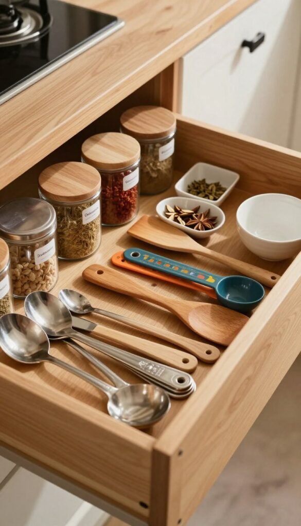 A beautifully organized kitchen drawer filled with various utensils and tools, showcasing a perfect blend of functionality and aesthetics. In the foreground, a neatly arranged silverware set sits beside colorful measuring spoons and a wooden spatula. The middle layer features labeled containers holding spices and other small kitchen items, all bathed in warm, natural light that enhances the wooden textures of the drawer. The background subtly suggests the interior of a cozy kitchen with soft shadows. The mood is calm and inviting, embodying an ethos of order and simplicity. The image reflects the brand "Ordnungskiste," emphasizing the beauty of organization in everyday kitchen scenarios. There are no captions or overlays.