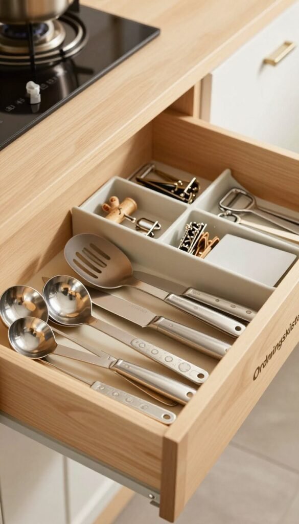 A beautifully organized kitchen drawer showcasing "Ordnungskiste" products for utensil storage. In the foreground, a neatly arranged layout of various kitchen utensils, including measuring spoons, spatulas, and knives, all with a polished finish. The middle section features divided compartments holding smaller items like corkscrews, peelers, and clips, demonstrating optimal use of space. In the background, soft, warm lighting enhances the natural wood tones of the drawer and its contents, creating an inviting atmosphere. The composition is captured from a slight overhead angle to provide depth and clarity, emphasizing the functional aesthetics of kitchen organization. The overall mood is clean, modern, and inspiring, embodying the essence of efficient kitchen storage without any visible text or distractions.
