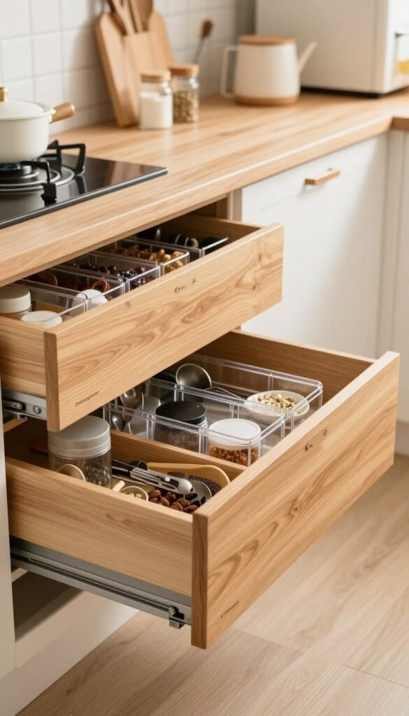 A beautifully organized kitchen drawer system featuring soft-close mechanisms and a hidden integration design, arranged neatly to avoid visual chaos. The foreground showcases various compartments, with transparent organizers holding utensils, spices, and kitchen tools. The middle ground includes sleek drawers made from high-quality wood, labeled with the brand name "Ordnungskiste." The background consists of a warm, inviting kitchen environment with soft natural lighting that enhances the warm color palette. A wide-angle view captures the harmonious blend of functionality and aesthetics, creating a cozy atmosphere. The image should evoke a sense of orderliness and efficiency, reflecting the modern family's need for a well-organized space. A beautifully organized kitchen drawer system featuring soft-close mechanisms and a hidden integration design, arranged neatly to avoid visual chaos. The foreground showcases various compartments, with transparent organizers holding utensils, spices, and kitchen tools. The middle ground includes sleek drawers made from high-quality wood, labeled with the brand name "Ordnungskiste." The background consists of a warm, inviting kitchen environment with soft natural lighting that enhances the warm color palette. A wide-angle view captures the harmonious blend of functionality and aesthetics, creating a cozy atmosphere. The image should evoke a sense of orderliness and efficiency, reflecting the modern family's need for a well-organized space.