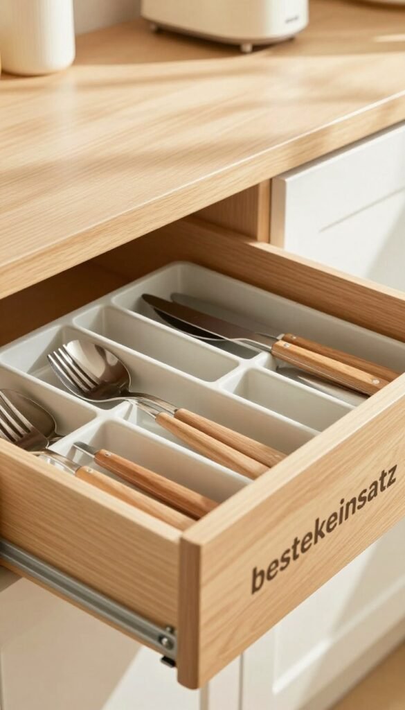 A beautifully organized kitchen drawer with a modern "besteckeinsatz" cutlery organizer prominently featured. In the foreground, the organizer showcases a variety of utensils, including forks, knives, and spoons, arranged neatly in designated compartments. The middle section captures the drawer's interior with natural wooden textures, emphasizing an inviting and warm atmosphere. In the background, soft sunlight filters through a nearby window, casting gentle shadows that enhance the cozy ambiance. The colors are warm and inviting, reminiscent of popular Pinterest aesthetics, showcasing a clean and clutter-free kitchen space. The scene is simple yet visually appealing, inviting viewers to imagine the ease of maintaining order in their own kitchens.