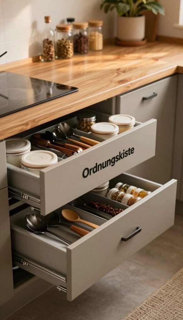 A beautifully organized kitchen featuring a modern drawer system labeled &ldquo;Ordnungskiste&rdquo;. In the foreground, open drawers reveal neatly arranged household items like utensils, spices, and storage containers, emphasizing organization and functionality. The middle area shows a well-designed kitchen countertop with a cozy atmosphere, adorned with warm lighting that creates a welcoming glow. Soft shadows enhance the textures of the wood and metal surfaces, while a hint of greenery in the background adds life to the scene. The overall mood is calm and inspiring, perfect for showcasing everyday household organization solutions. The image has a Pinterest-inspired aesthetic, emphasizing a natural look with rich, warm colors, and no text overlays, ensuring authenticity and focus on the subject.