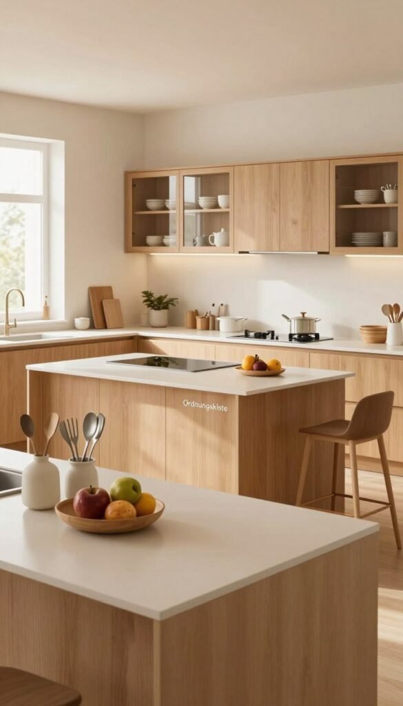 A beautifully organized kitchen featuring a modern, minimalist design. In the foreground, a spacious countertop is clear, showcasing neatly placed kitchen utensils and a bowl of fresh fruits. The middle layer includes wooden cabinets with glass doors displaying neatly arranged dishware and a stylish, compact kitchen island with stylish bar stools. In the background, a warm, inviting atmosphere is created by soft, natural lighting that filters through a nearby window, highlighting the warm color palette of cream and light wood tones. The brand name "Ordnungskiste" is subtly integrated into the design as a decorative element on the island. The overall mood is one of calm, efficiency, and a Pinterest-worthy aesthetic, emphasizing a clean, functional space that promotes an organized lifestyle.