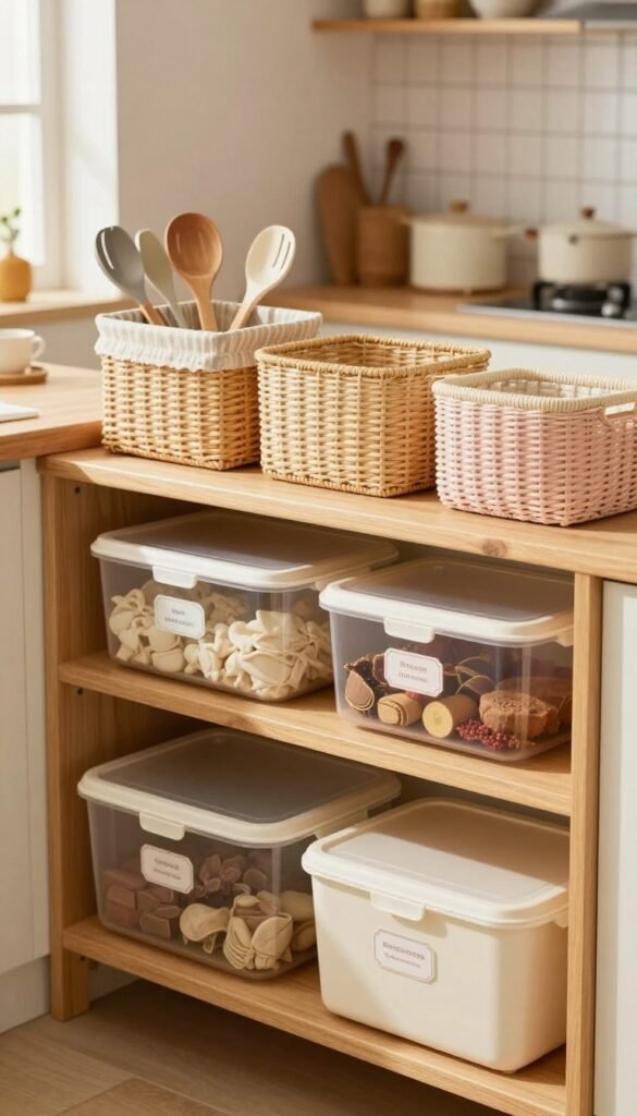 A beautifully organized kitchen featuring a variety of stylish storage boxes neatly arranged on open wooden shelves. In the foreground, there are medium-sized, light-colored boxes with transparent lids that showcase their contents, along with decorative labels. In the middle ground, a set of woven baskets in a soft pastel color complements the wooden shelves, holding kitchen essentials like utensils and spices. The background includes a cozy kitchen atmosphere, with soft, warm lighting filtering through a window, highlighting the textures of the materials. The overall mood conveys a sense of orderliness and charm, inviting viewers to imagine a functional yet aesthetically pleasing kitchen organization system. A beautifully organized kitchen featuring a variety of stylish storage boxes neatly arranged on open wooden shelves. In the foreground, there are medium-sized, light-colored boxes with transparent lids that showcase their contents, along with decorative labels. In the middle ground, a set of woven baskets in a soft pastel color complements the wooden shelves, holding kitchen essentials like utensils and spices. The background includes a cozy kitchen atmosphere, with soft, warm lighting filtering through a window, highlighting the textures of the materials. The overall mood conveys a sense of orderliness and charm, inviting viewers to imagine a functional yet aesthetically pleasing kitchen organization system.