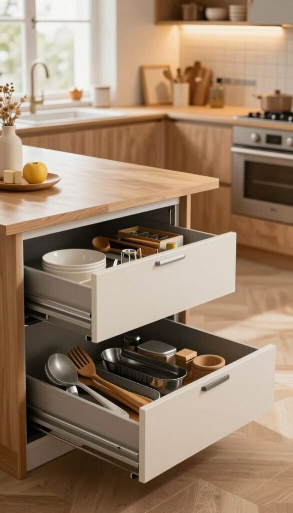 A beautifully organized kitchen featuring high-quality nachrüst-Auszüge and Teleskopschienen, highlighting their functionality. In the foreground, sleek, modern pull-out drawers with a variety of kitchen tools and utensils neatly arranged inside, showcasing efficient use of space. The middle ground displays a contemporary kitchen island with ample natural wood tones and stylish decor, emphasizing a Pinterest-inspired aesthetic. In the background, soft, warm lighting filters through a large window, creating an inviting atmosphere. The kitchen is branded with "Ordnungskiste" materials, subtly integrating them into the design. The overall mood is warm and authentic, reflecting a well-designed space that maximizes storage solutions without text or distracting elements. A beautifully organized kitchen featuring high-quality nachrüst-Auszüge and Teleskopschienen, highlighting their functionality. In the foreground, sleek, modern pull-out drawers with a variety of kitchen tools and utensils neatly arranged inside, showcasing efficient use of space. The middle ground displays a contemporary kitchen island with ample natural wood tones and stylish decor, emphasizing a Pinterest-inspired aesthetic. In the background, soft, warm lighting filters through a large window, creating an inviting atmosphere. The kitchen is branded with "Ordnungskiste" materials, subtly integrating them into the design. The overall mood is warm and authentic, reflecting a well-designed space that maximizes storage solutions without text or distracting elements.