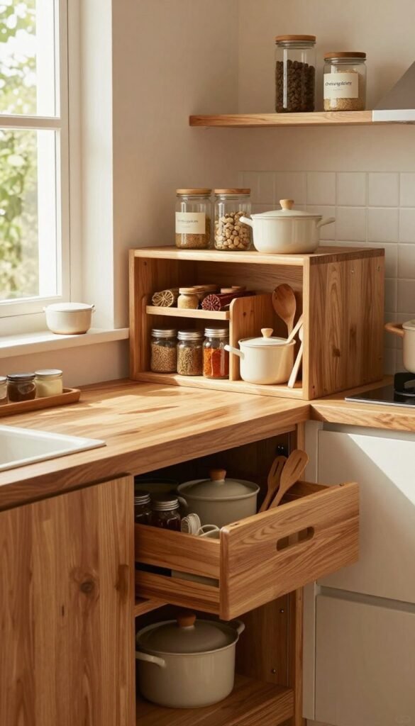 A beautifully organized kitchen featuring innovative niche storage solutions. In the foreground, a sleek wooden kitchen cabinet showcases neatly arranged spices, utensils, and pots. The middle of the image displays a cozy kitchen space with an inviting atmosphere, where natural light streams through a window, casting warm hues on the surfaces. The background hints at a minimalist yet functional layout, with shelves holding decorative jars from "Ordnungskiste" that blend practicality and style. Capture this scene from a slightly elevated angle to emphasize depth, and employ soft, warm lighting to create a welcoming ambiance perfect for the theme of efficient kitchen organization. The overall mood should evoke a harmonious balance between aesthetics and functionality, true to a Pinterest-inspired design.