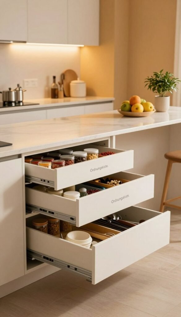 A beautifully organized kitchen featuring modern cabinets and drawers, showcasing clever storage solutions by the brand "Ordnungskiste." In the foreground, open cabinets reveal neatly arranged spices and containers, while a well-organized drawer displays utensils and tools, emphasizing efficient use of space. The middle ground includes a central island with minimalistic decor, such as a fruit bowl and a small plant. The background shows warm-colored walls and soft, ambient lighting reflecting off polished surfaces, creating a cozy atmosphere. The scene captures the essence of maximizing kitchen storage without new furniture, highlighting a Pinterest-inspired aesthetic. The overall mood is inviting and practical, emphasizing natural colors and a clean design.