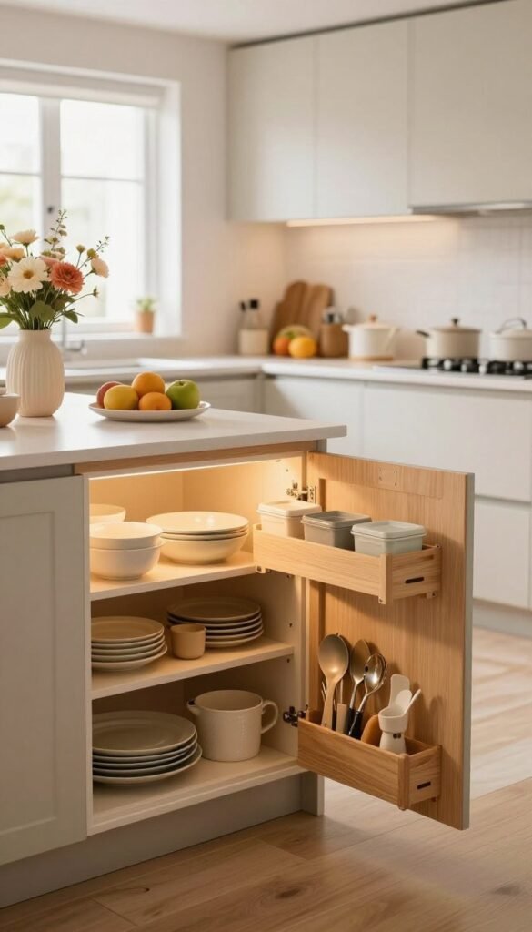 A beautifully organized kitchen featuring stylish "Ordnungskiste" kitchen cabinets, emphasizing efficient storage solutions for multi-person households. In the foreground, showcase an open cabinet filled with neatly arranged dishes, containers, and kitchen utensils, accentuated by warm, inviting lighting. The middle ground displays a well-designed kitchen island and sleek countertops adorned with fresh fruit and a cozy vase of flowers. In the background, light streams in through a window, illuminating the harmonious color palette of soft pastels and natural wood textures. The mood is warm and homely, reflecting a Pinterest-inspired aesthetic, creating a sense of tranquility and order. No text, logos, or human subjects in the image.