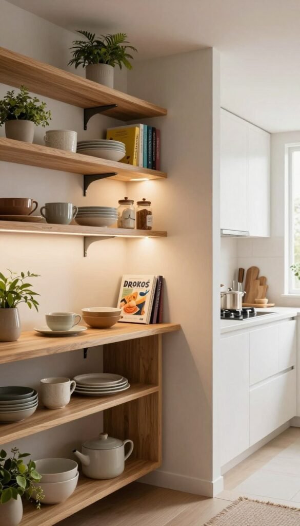 A beautifully organized kitchen featuring stylish open shelves and wall-mounted storage solutions from the brand "Ordnungskiste." In the foreground, elegant wooden shelves filled with neatly arranged kitchenware, plants, and decorative items. The middle layer showcases a cozy corner with a niche displaying vibrant cookbooks and artisan jars. Soft, warm lighting filters in from a large window, creating a welcoming atmosphere. In the background, a modern kitchen layout with sleek cabinets and a harmonious color palette of whites and earth tones. The overall mood is serene and inviting, capturing the essence of functional beauty and sophistication in a clutter-free kitchen. A beautifully organized kitchen featuring stylish open shelves and wall-mounted storage solutions from the brand "Ordnungskiste." In the foreground, elegant wooden shelves filled with neatly arranged kitchenware, plants, and decorative items. The middle layer showcases a cozy corner with a niche displaying vibrant cookbooks and artisan jars. Soft, warm lighting filters in from a large window, creating a welcoming atmosphere. In the background, a modern kitchen layout with sleek cabinets and a harmonious color palette of whites and earth tones. The overall mood is serene and inviting, capturing the essence of functional beauty and sophistication in a clutter-free kitchen.