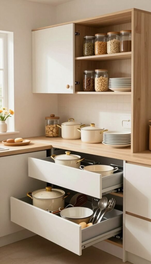 A beautifully organized kitchen featuring various cabinet storage systems, showcasing a blend of upper and lower cabinets filled with neatly arranged kitchen essentials. In the foreground, a well-organized lower cabinet reveals pull-out drawers holding pots, pans, and cooking utensils, while the upper cabinet displays glass jars filled with dry goods and neatly stacked dishes. The ambiance is warm and inviting, highlighted by soft natural lighting filtering through a window, emphasizing the cozy, Pinterest-inspired aesthetic. The kitchen has a clean and modern design with a neutral color palette, accented by wooden elements. The perspective captures the cabinets from a slight angle, creating depth and focus on the efficient storage solutions within, evoking a sense of order and functionality.