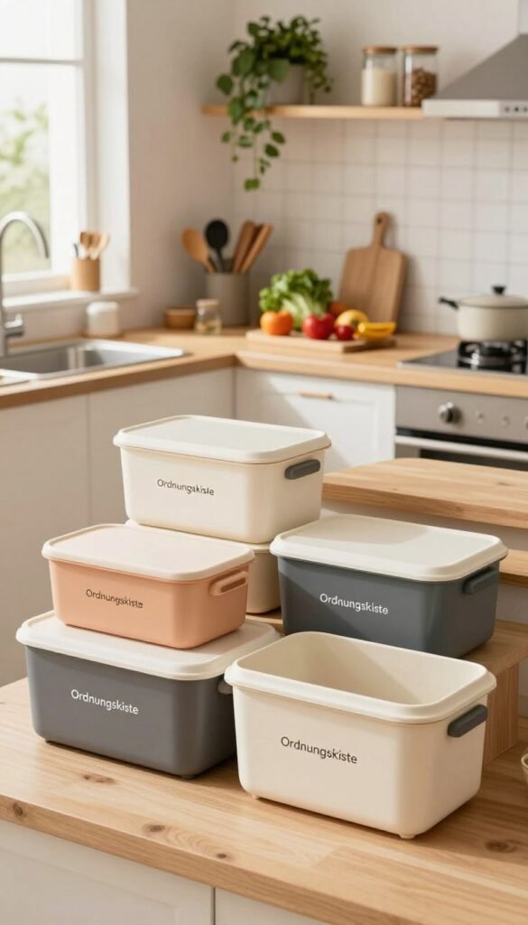 A beautifully organized kitchen interior showcasing a clean and functional workspace. In the foreground, an elegant arrangement of various "Ordnungskiste" storage boxes, labeled for easy access, with sleek designs and warm, inviting colors. The middle ground features a well-kept countertop, with essential kitchen tools neatly arranged alongside fresh ingredients, accentuated by soft, natural lighting pouring in from a window. The background displays open shelves adorned with plants and decorative jars, creating a cozy and welcoming atmosphere. The scene is set from a slightly elevated angle to capture the essence of everyday practicality, highlighting the stress-free order and cleanliness associated with an efficient kitchen setup, resonating with a Pinterest-inspired aesthetic.