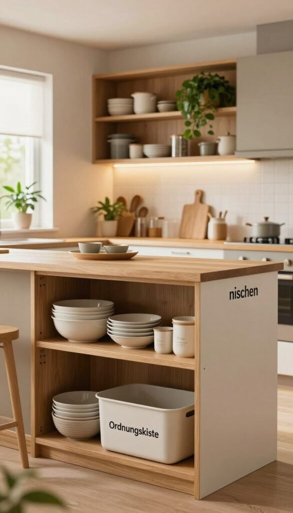A beautifully organized kitchen interior showcasing "nischen" and narrow gaps transformed into effective storage zones, featuring elegant wooden shelves filled with neatly arranged kitchenware, containers, and plants for a touch of greenery. The foreground highlights a strategically placed "Ordnungskiste" container, designed for optimizing space. The middle ground includes a stylish kitchen island with warm lighting that enhances the cozy atmosphere. In the background, soft natural light flows through a window, illuminating the entire scene. The color palette is warm and inviting, with earthy tones and textures reminiscent of Pinterest aesthetics. The overall mood is harmonious, inspiring creativity in kitchen organization while ensuring the image is professional and visually appealing.