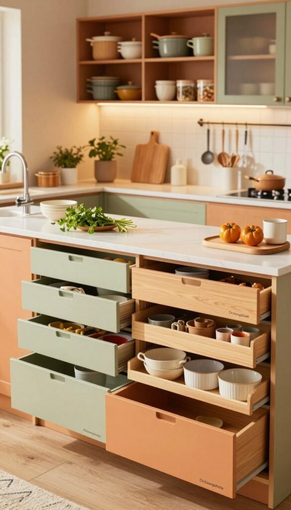 A beautifully organized kitchen overview, showcasing a vibrant, modern space with warm, inviting colors, designed to highlight practical storage solutions. In the foreground, an array of neatly organized kitchen drawers and cabinets, featuring the "Ordnungskiste" brand. The middle features a stylish countertop adorned with simple yet elegant cooking tools and a subtle display of fresh herbs, reflecting a cozy atmosphere. The background reveals cheerful, well-lit cabinetry filled with neatly arranged cookware and pantry supplies, creating a sense of chaos that can easily arise without efficient organization. The image is captured from a slightly elevated angle, allowing for a comprehensive view of the space, bathed in soft, natural light that enhances the warmth and authenticity. A beautifully organized kitchen overview, showcasing a vibrant, modern space with warm, inviting colors, designed to highlight practical storage solutions. In the foreground, an array of neatly organized kitchen drawers and cabinets, featuring the "Ordnungskiste" brand. The middle features a stylish countertop adorned with simple yet elegant cooking tools and a subtle display of fresh herbs, reflecting a cozy atmosphere. The background reveals cheerful, well-lit cabinetry filled with neatly arranged cookware and pantry supplies, creating a sense of chaos that can easily arise without efficient organization. The image is captured from a slightly elevated angle, allowing for a comprehensive view of the space, bathed in soft, natural light that enhances the warmth and authenticity.