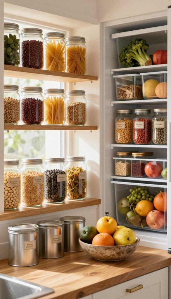 A beautifully organized kitchen pantry featuring an array of stylish, transparent glass jars filled with various colorful dry goods like pasta, grains, and legumes. In the foreground, a wooden countertop displays neatly stacked metal canisters and vibrant fruit in a rustic bowl. The middle ground highlights a section of the pantry with labeled containers and neatly arranged spice jars, all bathed in warm natural light streaming in through a window. The background showcases a refrigerator with clear storage bins for vegetables and fruits, creating a cohesive and inviting atmosphere. The overall feel is cozy and organized, with a Pinterest-worthy aesthetic, emphasizing a harmonious blend of functionality and design, without any text or distractions.