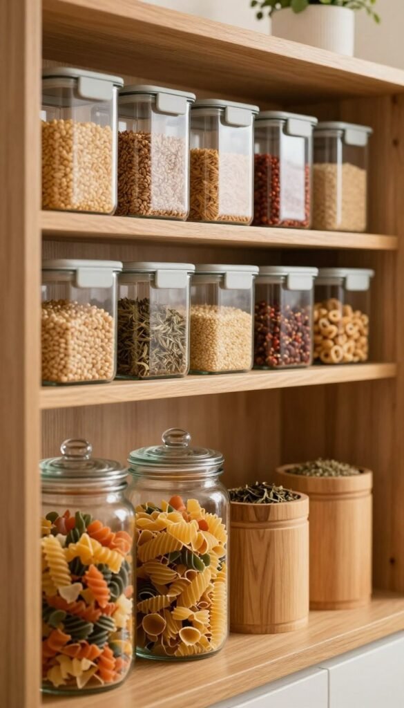 A beautifully organized kitchen pantry, showcasing a variety of closed storage containers filled with grains, spices, and snacks, arranged neatly on wooden shelves. In the foreground, a stylish glass jar filled with colorful pasta contrasts with natural wooden containers holding dried herbs. The middle layer features neatly labeled bins, offering a cozy yet functional atmosphere. Soft, warm lighting illuminates the scene, reflecting off the glass surfaces, creating an inviting glow. In the background, warm-toned walls and a subtle hint of greenery from a potted plant enhance the sense of tranquility and order. Capture the essence of a clutter-free kitchen space with a Pinterest-worthy aesthetic, focusing on the harmony of organization and design.