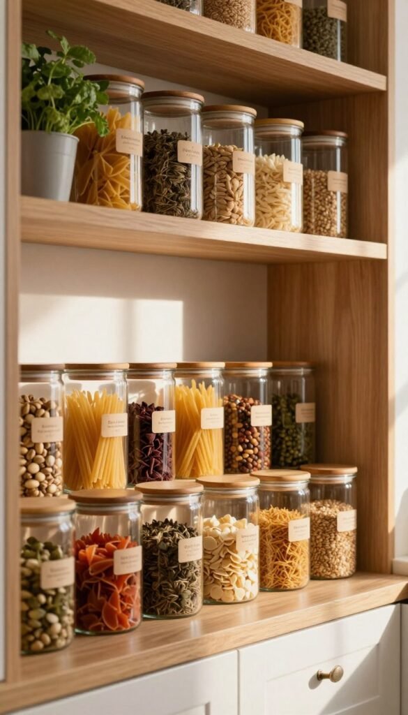 A beautifully organized kitchen pantry showcasing a variety of transparent glass jars filled with colorful dry ingredients like pasta, spices, and grains. In the foreground, highlight a collection of neatly labeled jars with wooden lids, creating a rustic yet modern aesthetic. The middle ground features wooden shelves arranged with an array of neatly stacked containers and fresh herbs in pots, adding a touch of greenery. In the background, soft, natural light filters through a window, casting gentle shadows and emphasizing the warm tones of the cabinets and woodwork. The atmosphere is inviting and welcoming, reflecting a sense of order and efficiency, perfect for a well-organized kitchen space. A beautifully organized kitchen pantry showcasing a variety of transparent glass jars filled with colorful dry ingredients like pasta, spices, and grains. In the foreground, highlight a collection of neatly labeled jars with wooden lids, creating a rustic yet modern aesthetic. The middle ground features wooden shelves arranged with an array of neatly stacked containers and fresh herbs in pots, adding a touch of greenery. In the background, soft, natural light filters through a window, casting gentle shadows and emphasizing the warm tones of the cabinets and woodwork. The atmosphere is inviting and welcoming, reflecting a sense of order and efficiency, perfect for a well-organized kitchen space.