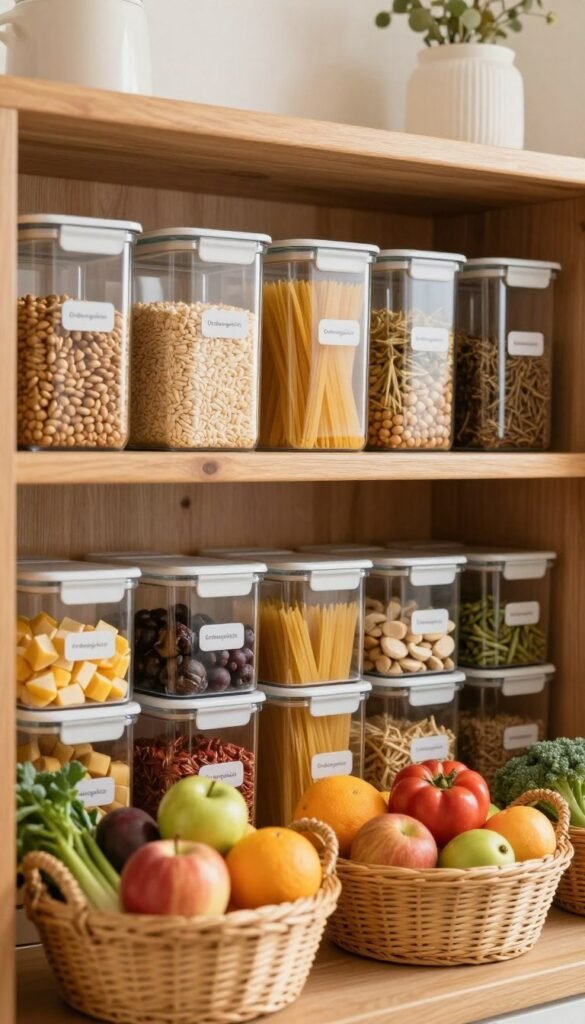 A beautifully organized kitchen pantry, showcasing an array of food items neatly stored in clear, labeled containers from "Ordnungskiste". In the foreground, vibrant, colorful fruits and vegetables peeking from woven baskets add a touch of freshness. The middle section features rows of sophisticated jars lined up, containing grains, pasta, and spices, all arranged by size and color for easy access. The background softly blurs, displaying wooden shelves with minimal decorative elements, enhancing the aesthetic. The warm, natural lighting creates a cozy ambiance, highlighting the textures of the ingredients and the polished wood of the shelves. The overall mood is inviting and orderly, reflecting a sense of calm and practicality in daily kitchen organization. A beautifully organized kitchen pantry, showcasing an array of food items neatly stored in clear, labeled containers from "Ordnungskiste". In the foreground, vibrant, colorful fruits and vegetables peeking from woven baskets add a touch of freshness. The middle section features rows of sophisticated jars lined up, containing grains, pasta, and spices, all arranged by size and color for easy access. The background softly blurs, displaying wooden shelves with minimal decorative elements, enhancing the aesthetic. The warm, natural lighting creates a cozy ambiance, highlighting the textures of the ingredients and the polished wood of the shelves. The overall mood is inviting and orderly, reflecting a sense of calm and practicality in daily kitchen organization.