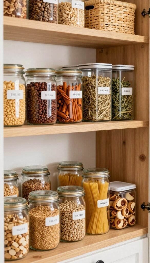 A beautifully organized kitchen pantry, showcasing an efficient space-saving design. In the foreground, neatly stacked glass jars and labeled containers filled with grains, pasta, and snacks create a visually appealing display. The middle section consists of vibrant, bundled spices and dried herbs, arranged together on a wooden shelf. The background highlights a softly lit area with a mix of shelves and baskets, all contributing to a warm, inviting atmosphere. Soft, natural lighting illuminates the colors, enhancing the warmth of wooden accents and the freshness of the pantry items. The image conveys a sense of harmony and organization, perfect for illustrating practical strategies for reducing packaging and maximizing storage space. A beautifully organized kitchen pantry, showcasing an efficient space-saving design. In the foreground, neatly stacked glass jars and labeled containers filled with grains, pasta, and snacks create a visually appealing display. The middle section consists of vibrant, bundled spices and dried herbs, arranged together on a wooden shelf. The background highlights a softly lit area with a mix of shelves and baskets, all contributing to a warm, inviting atmosphere. Soft, natural lighting illuminates the colors, enhancing the warmth of wooden accents and the freshness of the pantry items. The image conveys a sense of harmony and organization, perfect for illustrating practical strategies for reducing packaging and maximizing storage space.