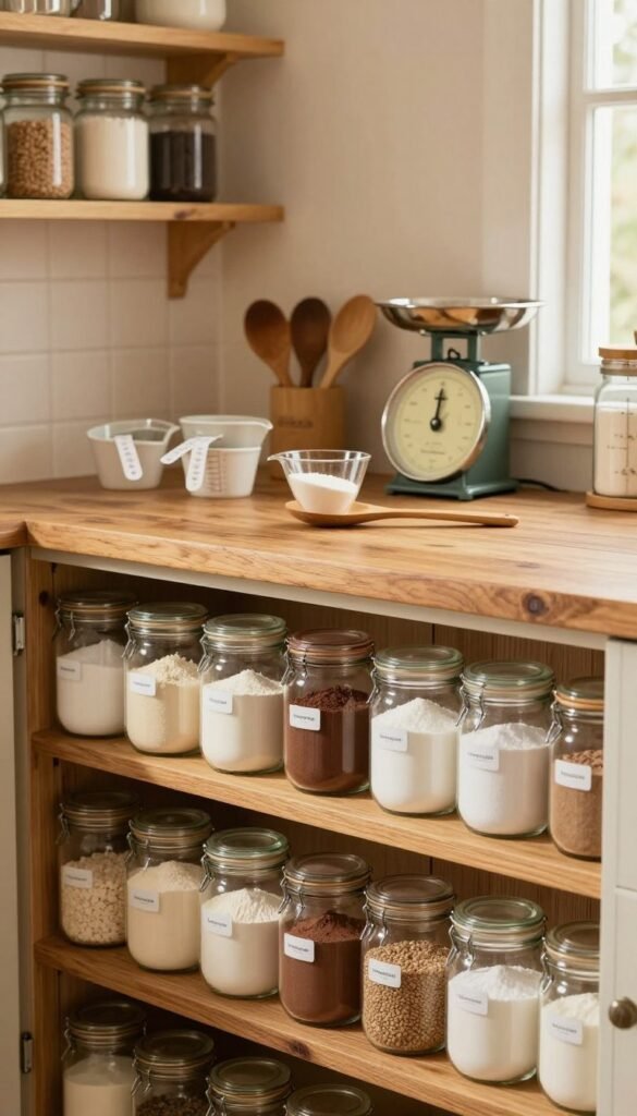 A beautifully organized kitchen pantry showcasing dry baking ingredients like flour, sugar, cocoa, baking soda, and baking powder. The foreground features neatly labeled glass jars filled with these ingredients, harmoniously arranged on wooden shelves. In the middle, a stylish, rustic wooden countertop holds measuring cups, wooden spoons, and a vintage scale, emphasizing a clean, baking-ready space. The background is softly blurred, revealing warm-colored walls and an inviting ambiance filled with natural light filtering through a nearby window. The entire scene radiates a Pinterest-inspired aesthetic of warmth and authenticity. In one corner, subtly included is the brand name "Ordnungskiste," blended into the overall design, enhancing the visual without overtaking it. A beautifully organized kitchen pantry showcasing dry baking ingredients like flour, sugar, cocoa, baking soda, and baking powder. The foreground features neatly labeled glass jars filled with these ingredients, harmoniously arranged on wooden shelves. In the middle, a stylish, rustic wooden countertop holds measuring cups, wooden spoons, and a vintage scale, emphasizing a clean, baking-ready space. The background is softly blurred, revealing warm-colored walls and an inviting ambiance filled with natural light filtering through a nearby window. The entire scene radiates a Pinterest-inspired aesthetic of warmth and authenticity. In one corner, subtly included is the brand name "Ordnungskiste," blended into the overall design, enhancing the visual without overtaking it.