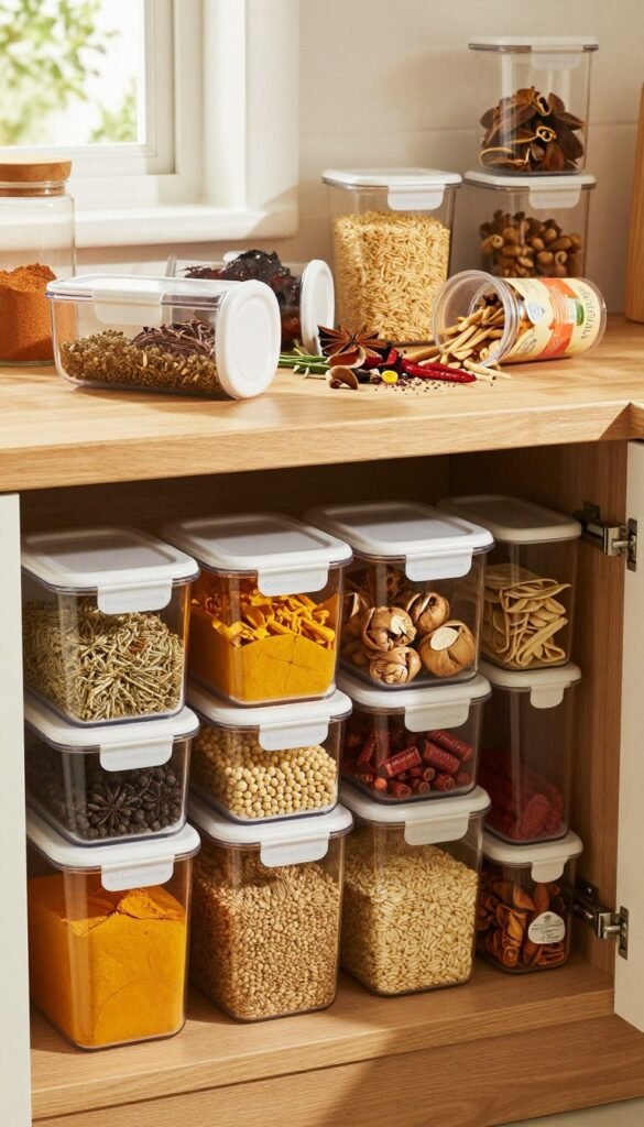 A beautifully organized kitchen pantry showcasing various storage containers, specifically highlighting the "Ordnungskiste" brand. In the foreground, a set of clear, labeled containers filled with colorful spices, grains, and snacks, arranged neatly on wooden shelves. The middle ground features a chaotic scene with some containers slightly askew, ingredients spilling out, and a few items in disarray, illustrating the section title. In the background, soft, warm lighting filters in through a nearby window, casting gentle shadows and giving the scene a cozy, inviting atmosphere. The overall mood is a blend of order and slight chaos, emphasizing the challenges of maintaining organization in kitchen storage. The image has a Pinterest-inspired aesthetic with natural colors, exuding authenticity and warmth.