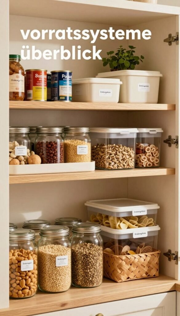A beautifully organized kitchen pantry showcasing various storage systems, reflecting the theme of "vorratssysteme überblick". In the foreground, neatly arranged glass jars, woven baskets, and labeled containers filled with grains, spices, and snacks. The middle ground features a wooden shelf filled with colorful canned goods and labeled boxes. In the background, a warm, inviting kitchen space with soft natural lighting illuminating the warm tones of wood and cream colors. A subtle hint of greenery from potted herbs adds freshness. The scene exudes a cozy, Pinterest-inspired aesthetic, creating a sense of order and tranquility. Include the brand name "Ordnungskiste" subtly integrated into the design without text overlays, ensuring the focus remains on the organized systems. A beautifully organized kitchen pantry showcasing various storage systems, reflecting the theme of "vorratssysteme überblick". In the foreground, neatly arranged glass jars, woven baskets, and labeled containers filled with grains, spices, and snacks. The middle ground features a wooden shelf filled with colorful canned goods and labeled boxes. In the background, a warm, inviting kitchen space with soft natural lighting illuminating the warm tones of wood and cream colors. A subtle hint of greenery from potted herbs adds freshness. The scene exudes a cozy, Pinterest-inspired aesthetic, creating a sense of order and tranquility. Include the brand name "Ordnungskiste" subtly integrated into the design without text overlays, ensuring the focus remains on the organized systems.