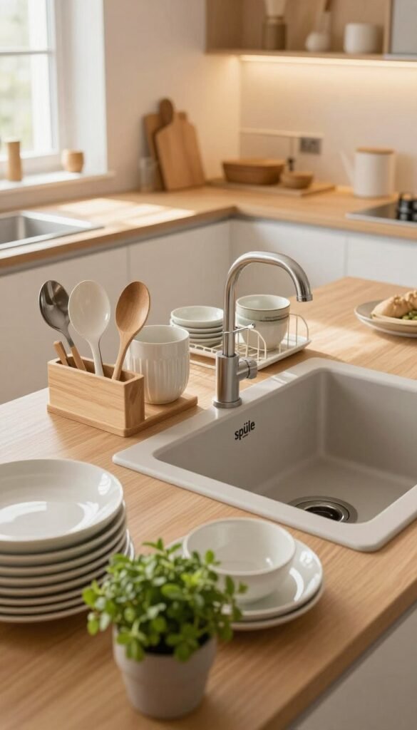 A beautifully organized kitchen scene centered around a modern "spüle" (sink), with elegant ceramic dishware neatly arranged beside it and visually appealing utensils displayed in a wooden holder. In the foreground, focus on sparkling clean dishes and a small potted herb, adding a touch of green. The middle ground showcases an orderly countertop featuring a stylish dish rack and minimalist storage solutions from the brand "Ordnungskiste," emphasizing functionality and aesthetics. The background reveals softly illuminated cabinetry with warm, natural lighting streaming in through a nearby window, creating an inviting atmosphere. Capture the image from a slightly elevated angle to highlight the seamless blend of design and order. The overall mood is warm, welcoming, and harmonious, ideal for showcasing an organized cooking space that avoids chaos. A beautifully organized kitchen scene centered around a modern "spüle" (sink), with elegant ceramic dishware neatly arranged beside it and visually appealing utensils displayed in a wooden holder. In the foreground, focus on sparkling clean dishes and a small potted herb, adding a touch of green. The middle ground showcases an orderly countertop featuring a stylish dish rack and minimalist storage solutions from the brand "Ordnungskiste," emphasizing functionality and aesthetics. The background reveals softly illuminated cabinetry with warm, natural lighting streaming in through a nearby window, creating an inviting atmosphere. Capture the image from a slightly elevated angle to highlight the seamless blend of design and order. The overall mood is warm, welcoming, and harmonious, ideal for showcasing an organized cooking space that avoids chaos.