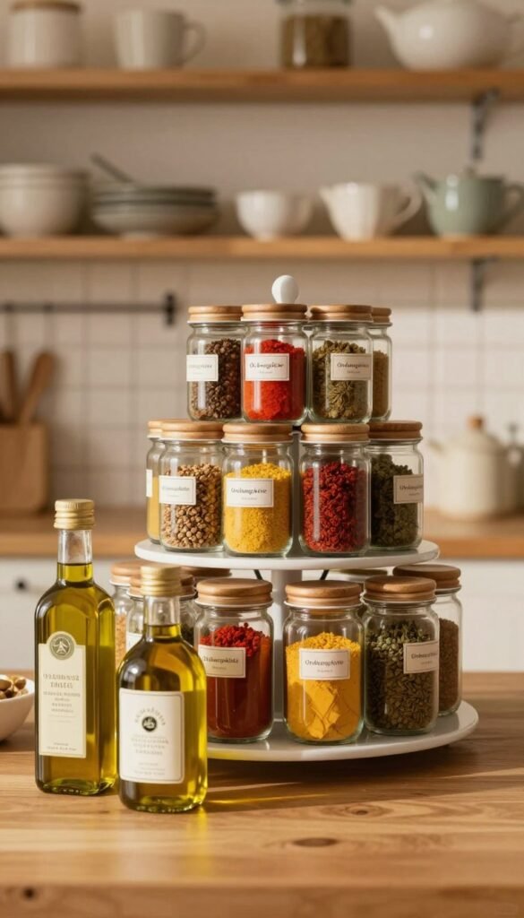A beautifully organized kitchen scene featuring a circular rotating spice rack filled with an array of colorful spices in glass jars, showcasing vibrant reds, yellows, and greens against a soft, warm wood backdrop. In the foreground, several jars of olive oil and balsamic vinegar prominently displayed, creating a harmonious blend of textures. The middle layer focuses on the spice rack, with detailed labels on the jars in an elegant font. The background features softly blurred kitchen shelves filled with neatly arranged kitchenware. The warm lighting casts a cozy glow, evoking a sense of inviting home cooking. The overall atmosphere is serene and organized, reflecting the brand "Ordnungskiste" in a stylish Pinterest-like aesthetic.