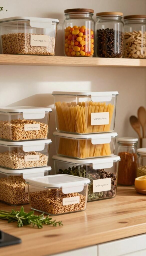 A beautifully organized kitchen scene featuring a variety of transparent storage boxes and glass jars, showcasing an assortment of dry goods like grains, pasta, and spices. In the foreground, focus on a few labeled jars and boxes with elegant, minimalist labels that read "Ordnungskiste." The middle of the scene should include a wooden countertop adorned with fresh herbs and a softly lit, stylish kitchen ambiance. In the background, shelves are lined with additional boxes and jars, with some containing beautifully arranged colorful ingredients. Use warm, natural lighting that creates an inviting atmosphere, and capture the image with a close-up perspective to emphasize texture and detail. The overall mood should reflect an organized, calm, and aesthetically pleasing kitchen environment.