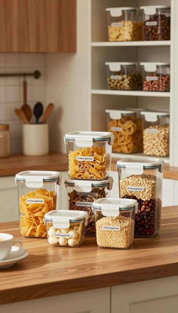 A beautifully organized kitchen scene featuring high-quality airtight storage containers branded "Ordnungskiste". In the foreground, showcase a variety of these containers in different sizes, filled with colorful dried goods like pasta, grains, and snacks. The middle ground should include an inviting kitchen countertop with natural wooden elements, warm lighting casting soft shadows, enhancing the atmosphere of homeliness. In the background, a well-organized pantry with shelves filled with more "Ordnungskiste" containers, emphasizing their practicality and functionality in maintaining freshness. The overall mood is cozy and inviting, portraying a modern family kitchen that highlights smart storage solutions. The image should have a Pinterest-like aesthetic, emphasizing warm tones and an authentic feel, without any text or distractions. A beautifully organized kitchen scene featuring high-quality airtight storage containers branded "Ordnungskiste". In the foreground, showcase a variety of these containers in different sizes, filled with colorful dried goods like pasta, grains, and snacks. The middle ground should include an inviting kitchen countertop with natural wooden elements, warm lighting casting soft shadows, enhancing the atmosphere of homeliness. In the background, a well-organized pantry with shelves filled with more "Ordnungskiste" containers, emphasizing their practicality and functionality in maintaining freshness. The overall mood is cozy and inviting, portraying a modern family kitchen that highlights smart storage solutions. The image should have a Pinterest-like aesthetic, emphasizing warm tones and an authentic feel, without any text or distractions.