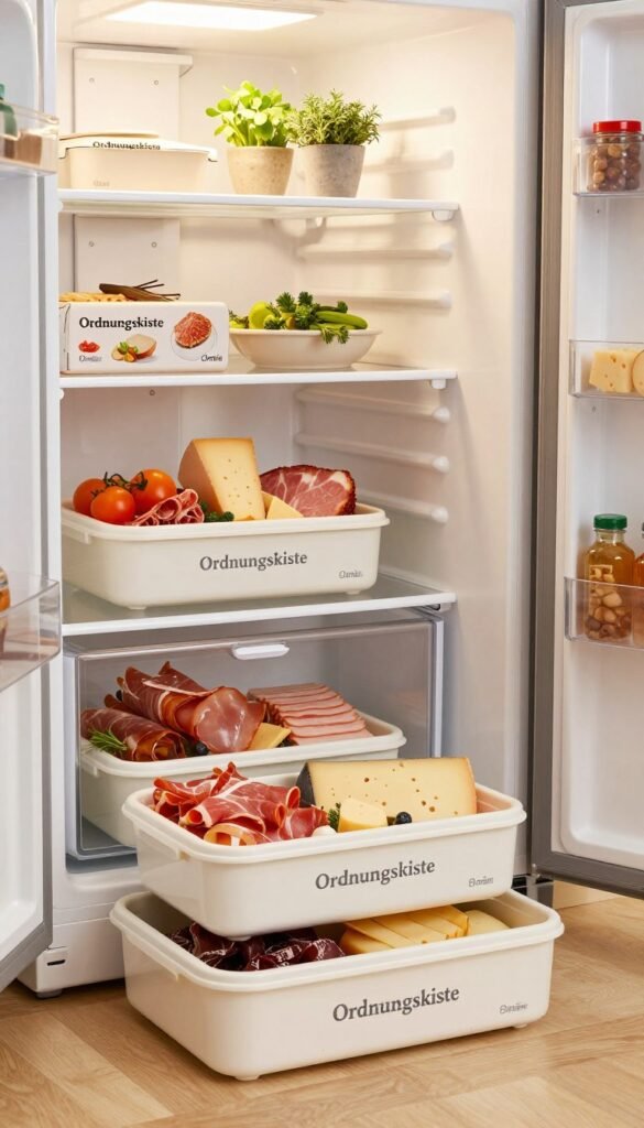 A beautifully organized kitchen scene featuring the "Ordnungskiste" Omnia Aufschnitt boxen. In the foreground, three layered boxes elegantly stacked, showcasing a variety of fresh deli meats and cheeses, presented in vibrant colors. The middle area includes a clean, spacious fridge interior with shelves neatly arranged around the Aufschnitt boxes, highlighting their practicality for fridge organization. Soft, warm lighting creates a cozy atmosphere, enhancing the inviting feel of the space. The background presents subtle kitchen elements like herbs in pots and a light wood finish, contributing to a natural and homey aesthetic. Shot from a slight angle to emphasize depth, this image encapsulates the essence of multifunctional kitchen storage without any text or branding overlays. A beautifully organized kitchen scene featuring the "Ordnungskiste" Omnia Aufschnitt boxen. In the foreground, three layered boxes elegantly stacked, showcasing a variety of fresh deli meats and cheeses, presented in vibrant colors. The middle area includes a clean, spacious fridge interior with shelves neatly arranged around the Aufschnitt boxes, highlighting their practicality for fridge organization. Soft, warm lighting creates a cozy atmosphere, enhancing the inviting feel of the space. The background presents subtle kitchen elements like herbs in pots and a light wood finish, contributing to a natural and homey aesthetic. Shot from a slight angle to emphasize depth, this image encapsulates the essence of multifunctional kitchen storage without any text or branding overlays.