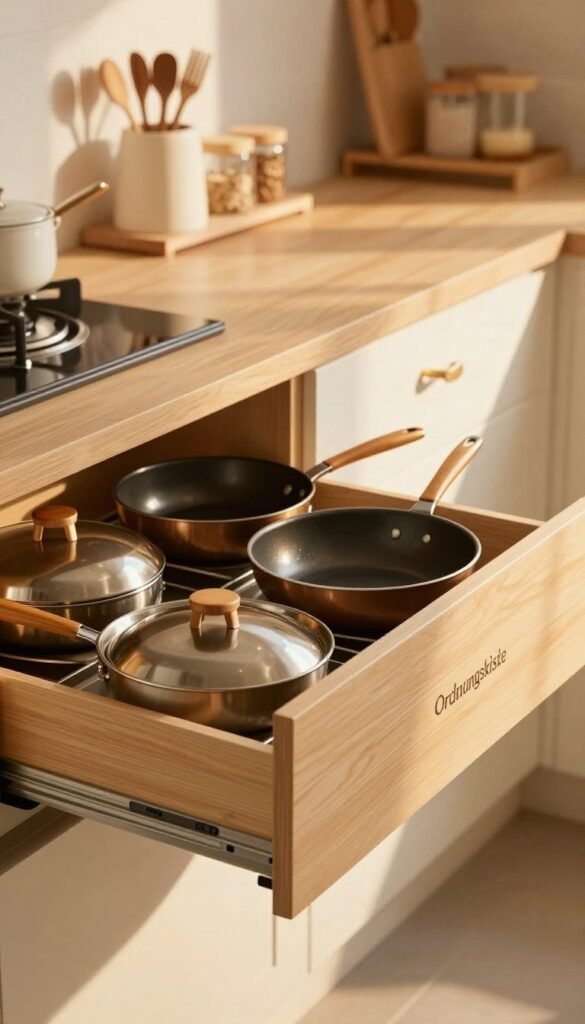 A beautifully organized kitchen scene highlighting the clever storage of frying pans in a sleek kitchen drawer. In the foreground, a variety of cooking pans with polished surfaces sit neatly in a smooth, extending drawer labeled with the brand name "Ordnungskiste". The drawer's interior showcases a warm wooden finish, emphasizing the natural aesthetic. In the middle ground, soft golden lighting filters through an open kitchen cabinet, casting gentle shadows that enhance the inviting atmosphere. The background features minimalist shelves with neatly arranged kitchen essentials, contributing to a Pinterest-inspired look. The mood is cozy yet efficient, reflecting a practical approach to kitchen organization without clutter.