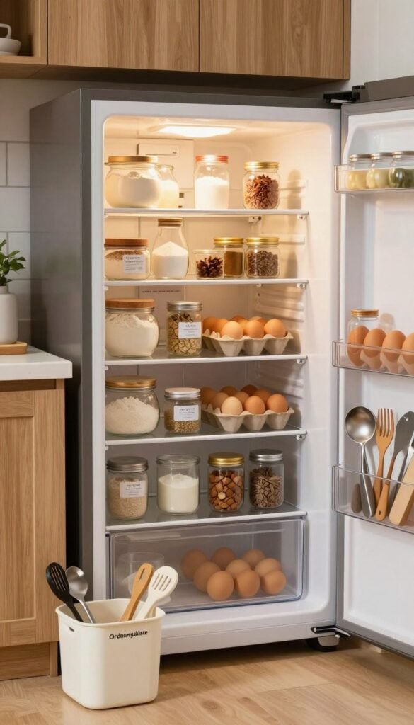 A beautifully organized kitchen scene showcasing an open refrigerator filled with neatly arranged baking ingredients, such as various types of flour, sugar, eggs, and jars of spices labeled for easy identification. The foreground features a stylish "Ordnungskiste" storage container next to the fridge, containing baking tools and utensils. In the middle, the refrigerator emits a soft, warm glow, highlighting the freshness of the ingredients inside, set against a cozy kitchen backdrop with wooden cabinets and soft, natural lighting. The background captures a hint of greenery through a nearby window, creating a peaceful and inviting atmosphere. The overall mood is one of efficiency and harmony, embodying clever use of kitchen storage without any text or clutter. A beautifully organized kitchen scene showcasing an open refrigerator filled with neatly arranged baking ingredients, such as various types of flour, sugar, eggs, and jars of spices labeled for easy identification. The foreground features a stylish "Ordnungskiste" storage container next to the fridge, containing baking tools and utensils. In the middle, the refrigerator emits a soft, warm glow, highlighting the freshness of the ingredients inside, set against a cozy kitchen backdrop with wooden cabinets and soft, natural lighting. The background captures a hint of greenery through a nearby window, creating a peaceful and inviting atmosphere. The overall mood is one of efficiency and harmony, embodying clever use of kitchen storage without any text or clutter.