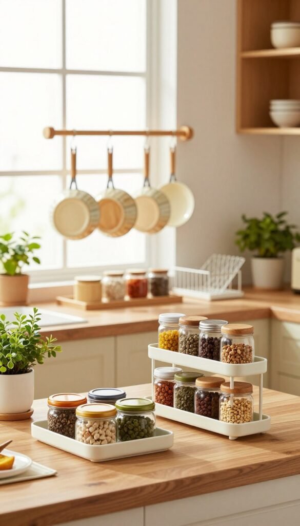 A beautifully organized kitchen scene showcasing various kitchen organizers that maximize space. In the foreground, a stylish cutlery tray and a multi-tiered spice rack with colorful jars, neatly arranged. The middle ground features a wooden hanging pot rack displaying an array of pots and pans, alongside a minimalist dish rack. In the background, bright, natural light floods the kitchen through a large window, enhancing the warm color palette of the wooden cabinets and countertops. The atmosphere is inviting and cozy, ideal for inspiration, with fresh herbs in pots adding a touch of greenery. The composition captures a Pinterest-worthy aesthetic, focusing on authentic, clutter-free organization.